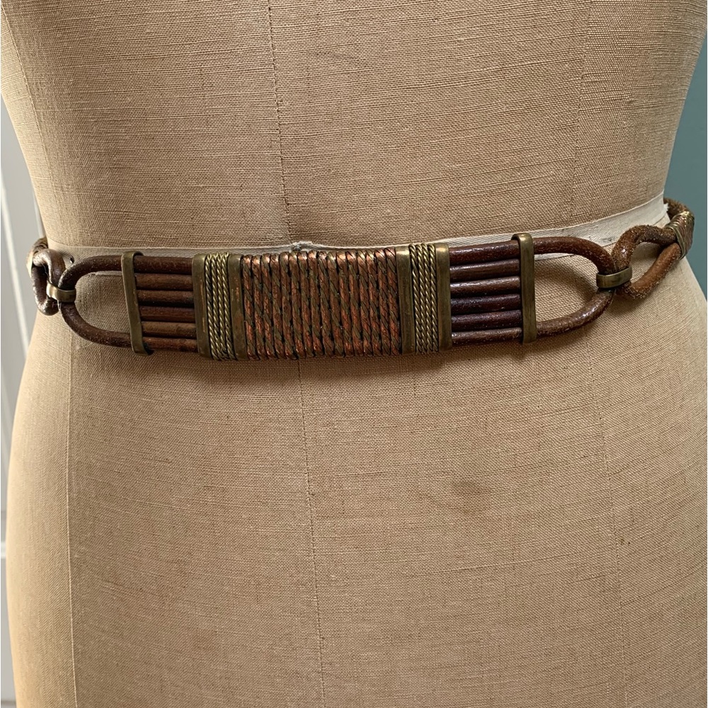 Vintage 70s Brutalist Mixed Metal Adjustable Leather and Copper Artisanal Belt - Picture 6 of 8